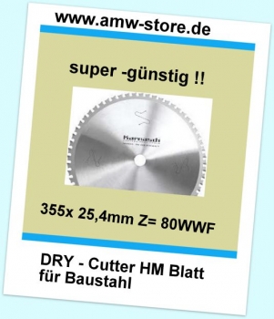 HM Sägeblatt Dry Cutter 355 x 25,4mm Z=80 Baustahl Metall Eisen Jepson Rigid Makita Metallkraft - Kopie