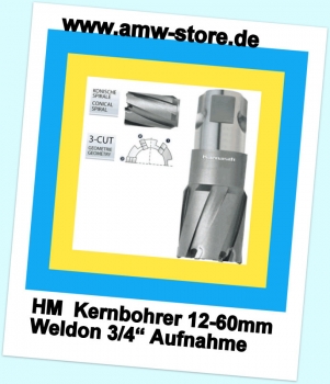 Hartmetall-Kernbohrer HM Weldon 19/=3/4"  größe 12-35 mm- Schnittiefe 55 mm  HM Bestückt 12-50