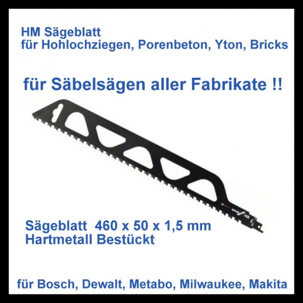 Säbelsägeblatt S2243 HM Bestückt 460x50mm Porenbeton Yton Lochziegel Poroton  Brick