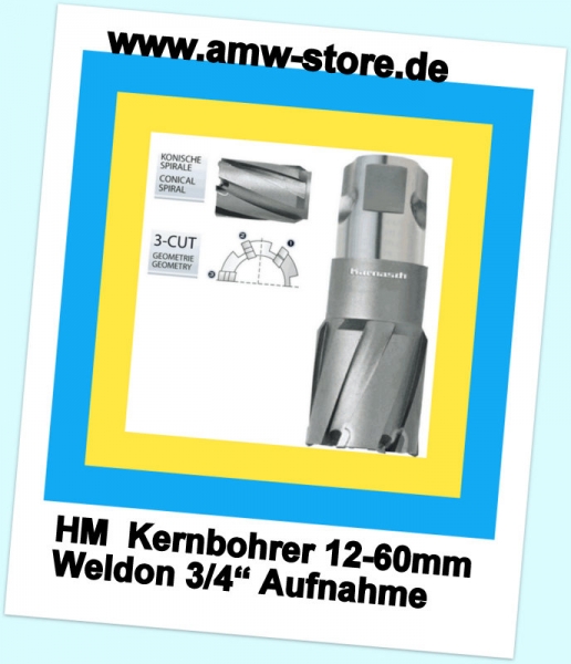Hartmetall-Kernbohrer HM Weldon 19/=3/4"  größe 12-35 mm- Schnittiefe 55 mm  HM Bestückt 12-50