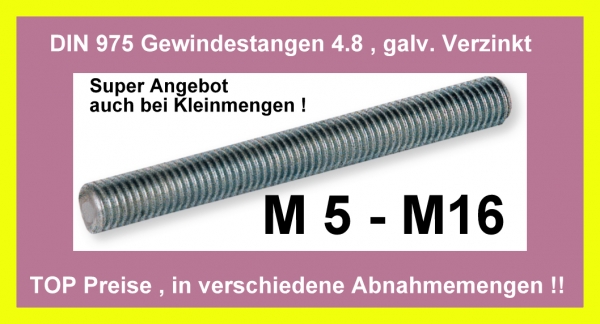 2 Stück  verz. DIN975 Galv. Mat .4.8 -M5-M16 -1 Meter.  Günstig TOP