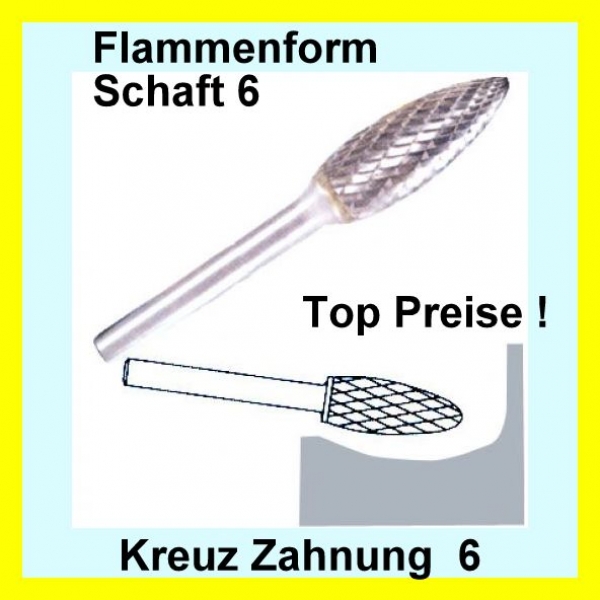 Hartmetall Frässtift  Zahnung 6 Schaft-6 Flammenförmig DIN8032 TOP PREISE